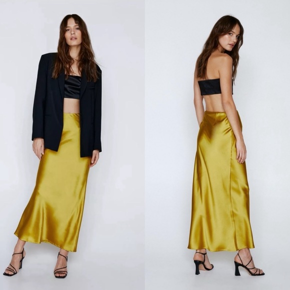 Nasty Gal Metallic Gold Yellow Satin Midi Skirt size 10/M - Picture 2 of 5